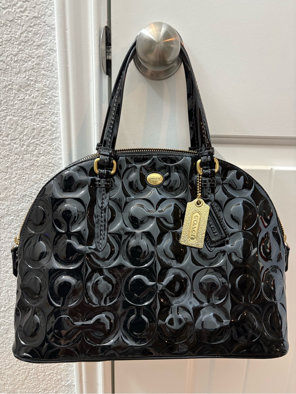 Coach Peyton Op Art Black Patent Leather Dome Satchel with Gold Hardware
